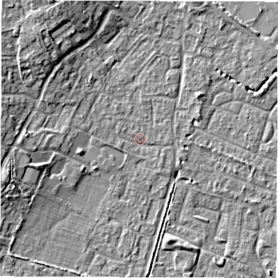 Shaded relief map of the ground around SO402SF, computed from Environment Agency LiDAR. The ground here sits at about 9 m above sea level and falls 8 m across the surrounding 800 m. Surface water reaching this point runs off ground lying to the west, 3.9 m higher.