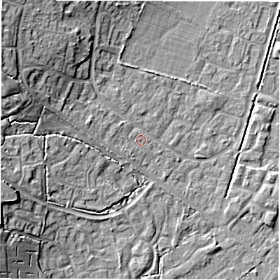 Shaded relief map of the ground around SO402SR, computed from Environment Agency LiDAR. The ground here sits at about 11 m above sea level and falls 13 m across the surrounding 800 m. Surface water reaching this point runs off ground lying to the west-north-west, 10.7 m higher.