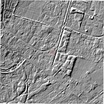Shaded relief map of the ground around SO402SU, computed from Environment Agency LiDAR. The ground here sits at about 10 m above sea level and falls 7 m across the surrounding 800 m. Surface water reaching this point runs off ground lying to the north-west, 4.8 m higher.
