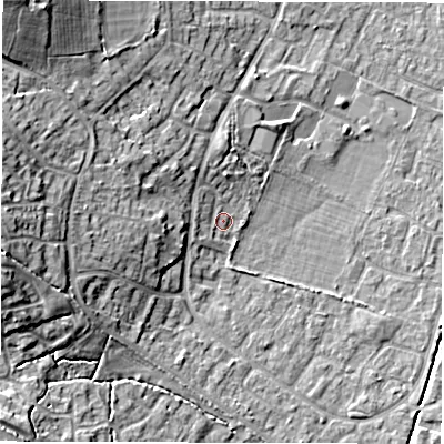 Shaded relief map of the ground around SO402SZ, computed from Environment Agency LiDAR. The ground here sits at about 12 m above sea level and falls 18 m across the surrounding 800 m. Surface water reaching this point runs off ground lying to the north-north-west, 2.5 m higher.