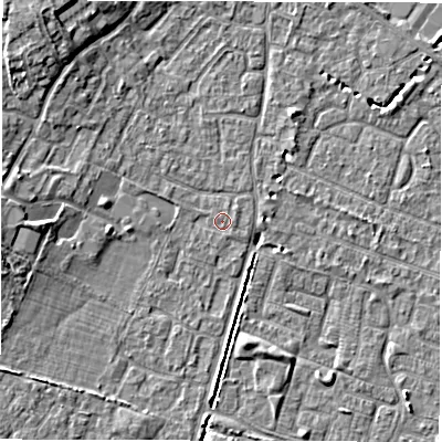 Shaded relief map of the ground around SO402TJ, computed from Environment Agency LiDAR. The ground here sits at about 9 m above sea level and falls 8 m across the surrounding 800 m. The ground contributing surface water to this point lies to the east-south-east.
