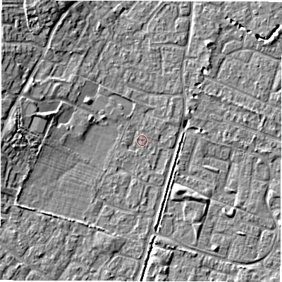 Shaded relief map of the ground around SO402TL, computed from Environment Agency LiDAR. The ground here sits at about 9 m above sea level and falls 7 m across the surrounding 800 m. Surface water reaching this point runs off ground lying to the west, 5.1 m higher.
