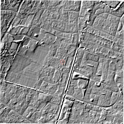 Shaded relief map of the ground around SO402TN, computed from Environment Agency LiDAR. The ground here sits at about 9 m above sea level and falls 7 m across the surrounding 800 m. Surface water reaching this point runs off ground lying to the west-north-west, 5.1 m higher.