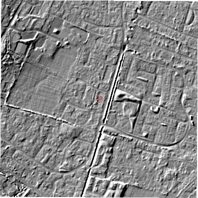 Shaded relief map of the ground around SO402TW, computed from Environment Agency LiDAR. The ground here sits at about 9 m above sea level and falls 6 m across the surrounding 800 m. Surface water reaching this point runs off ground lying to the west-south-west, 0.7 m higher.