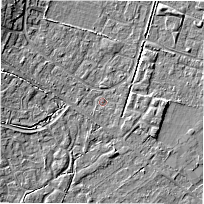 Shaded relief map of the ground around SO402UJ, computed from Environment Agency LiDAR. The ground here sits at about 10 m above sea level and falls 9 m across the surrounding 800 m. Surface water reaching this point runs off ground lying to the west-north-west, 5.0 m higher.