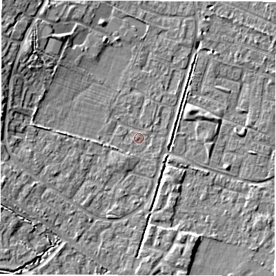 Shaded relief map of the ground around SO402UN, computed from Environment Agency LiDAR. The ground here sits at about 10 m above sea level and falls 7 m across the surrounding 800 m. Surface water reaching this point runs off ground lying to the west-north-west, 6.0 m higher.