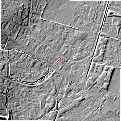 Shaded relief map of the ground around SO402UR, computed from Environment Agency LiDAR. The ground here sits at about 11 m above sea level and falls 11 m across the surrounding 800 m. Surface water reaching this point runs off ground lying to the west-north-west, 5.3 m higher.