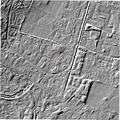 Shaded relief map of the ground around SO402UT, computed from Environment Agency LiDAR. The ground here sits at about 10 m above sea level and falls 8 m across the surrounding 800 m. Surface water reaching this point runs off ground lying to the south-south-west, 0.9 m higher.
