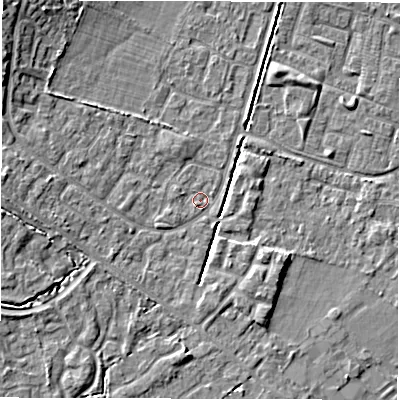 Shaded relief map of the ground around SO402UU, computed from Environment Agency LiDAR. The ground here sits at about 10 m above sea level and falls 7 m across the surrounding 800 m. Surface water reaching this point runs off ground lying to the south-west, 1.2 m higher.