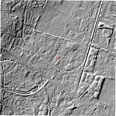 Shaded relief map of the ground around SO402UW, computed from Environment Agency LiDAR. The ground here sits at about 10 m above sea level and falls 10 m across the surrounding 800 m. Surface water reaching this point runs off ground lying to the west, 1.0 m higher.