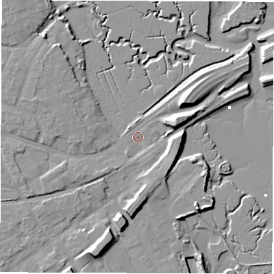 Shaded relief map of the ground around SO403AA, computed from Environment Agency LiDAR. The ground here sits at about 3 m above sea level and falls 12 m across the surrounding 800 m. Surface water reaching this point runs off ground lying to the south-south-west, 7.8 m higher.