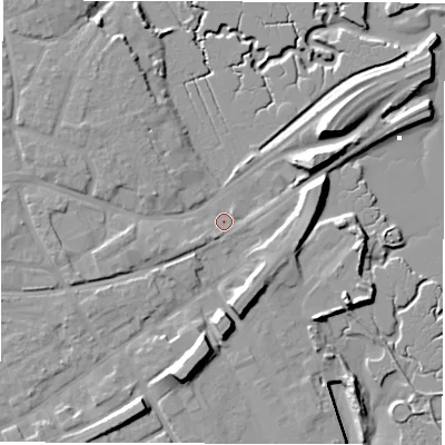 Shaded relief map of the ground around SO403AB, computed from Environment Agency LiDAR. The ground here sits at about 3 m above sea level and falls 12 m across the surrounding 800 m. Surface water reaching this point runs off ground lying to the west-south-west, 2.8 m higher.