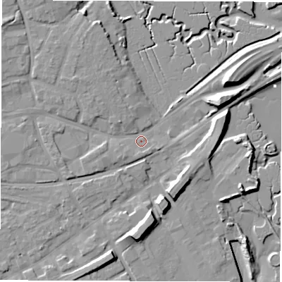 Shaded relief map of the ground around SO403AD, computed from Environment Agency LiDAR. The ground here sits at about 4 m above sea level and falls 12 m across the surrounding 800 m. Surface water reaching this point runs off ground lying to the north-west, 4.8 m higher.