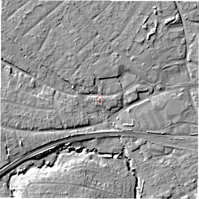 Shaded relief map of the ground around SO403DG, computed from Environment Agency LiDAR. The ground here sits at about 6 m above sea level and falls 8 m across the surrounding 800 m. Surface water reaching this point runs off ground lying to the north, 2.4 m higher.