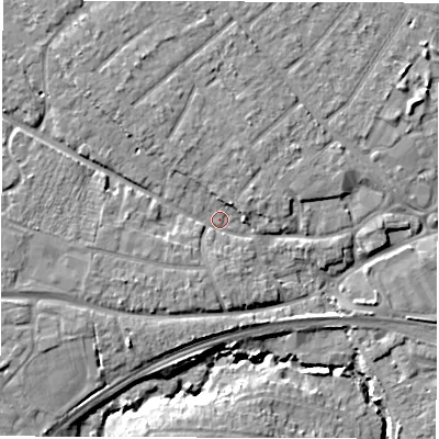 Shaded relief map of the ground around SO403DN, computed from Environment Agency LiDAR. The ground here sits at about 5 m above sea level and falls 8 m across the surrounding 800 m. Surface water reaching this point runs off ground lying to the north-north-west, 4.0 m higher.
