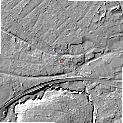Shaded relief map of the ground around SO403DR, computed from Environment Agency LiDAR. The ground here sits at about 5 m above sea level and falls 8 m across the surrounding 800 m. Surface water reaching this point runs off ground lying to the north-north-west, 5.5 m higher.