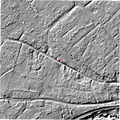 Shaded relief map of the ground around SO403GS, computed from Environment Agency LiDAR. The ground here sits at about 7 m above sea level and falls 8 m across the surrounding 800 m. Surface water reaching this point runs off ground lying to the west-south-west, 3.7 m higher.
