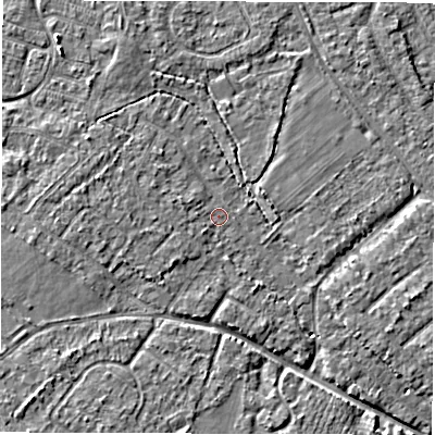 Shaded relief map of the ground around SO403HE, computed from Environment Agency LiDAR. The ground here sits at about 8 m above sea level and falls 5 m across the surrounding 800 m. Surface water reaching this point runs off ground lying to the north-west, 1.5 m higher.