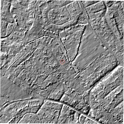 Shaded relief map of the ground around SO403HF, computed from Environment Agency LiDAR. The ground here sits at about 8 m above sea level and falls 5 m across the surrounding 800 m. Surface water reaching this point runs off ground lying to the west-north-west, 1.5 m higher.