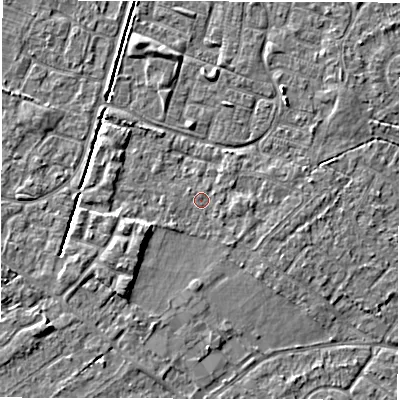 Shaded relief map of the ground around SO403HT, computed from Environment Agency LiDAR. The ground here sits at about 9 m above sea level and falls 4 m across the surrounding 800 m. Surface water reaching this point runs off ground lying to the west-south-west, 2.4 m higher.