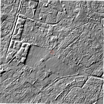 Shaded relief map of the ground around SO403HU, computed from Environment Agency LiDAR. The ground here sits at about 9 m above sea level and falls 4 m across the surrounding 800 m. Surface water reaching this point runs off ground lying to the south-west, 0.7 m higher.