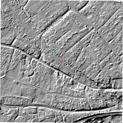 Shaded relief map of the ground around SO403JZ, computed from Environment Agency LiDAR. The ground here sits at about 6 m above sea level and falls 8 m across the surrounding 800 m. Surface water reaching this point runs off ground lying to the north-west, 1.4 m higher.