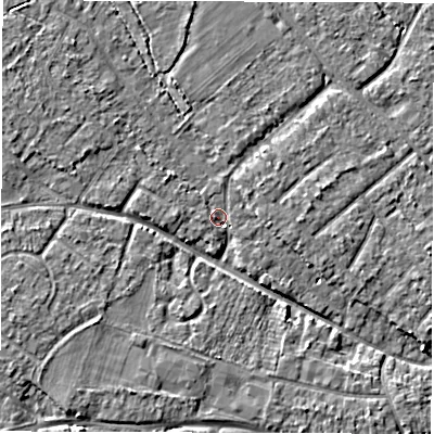 Shaded relief map of the ground around SO403LE, computed from Environment Agency LiDAR. The ground here sits at about 7 m above sea level and falls 5 m across the surrounding 800 m. Surface water reaching this point runs off ground lying to the west-north-west, 2.7 m higher.