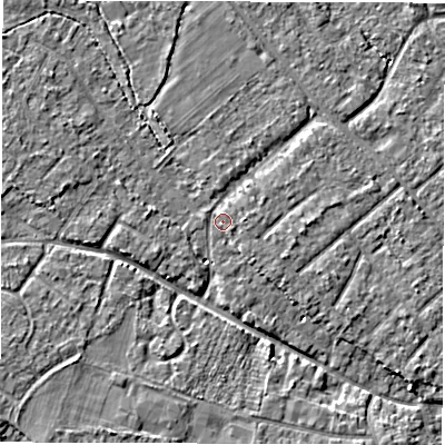 Shaded relief map of the ground around SO403LF, computed from Environment Agency LiDAR. The ground here sits at about 7 m above sea level and falls 5 m across the surrounding 800 m. Surface water reaching this point runs off ground lying to the west-north-west, 2.6 m higher.