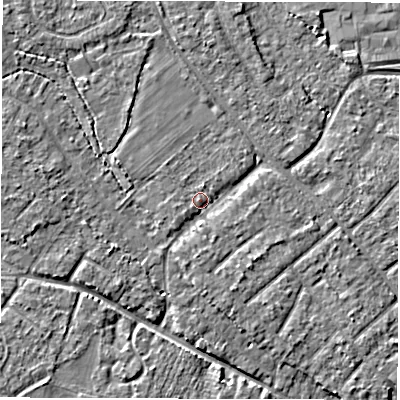 Shaded relief map of the ground around SO403LG, computed from Environment Agency LiDAR. The ground here sits at about 8 m above sea level and falls 4 m across the surrounding 800 m. Surface water reaching this point runs off ground lying to the north, 0.9 m higher.