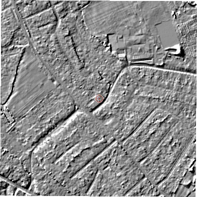 Shaded relief map of the ground around SO403LR, computed from Environment Agency LiDAR. The ground here sits at about 8 m above sea level and falls 5 m across the surrounding 800 m. Surface water reaching this point runs off ground lying to the south-west, 0.7 m higher.