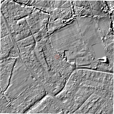Shaded relief map of the ground around SO403LS, computed from Environment Agency LiDAR. The ground here sits at about 7 m above sea level and falls 8 m across the surrounding 800 m. Surface water reaching this point runs off ground lying to the north-north-east, 3.5 m higher.