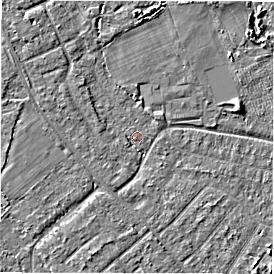 Shaded relief map of the ground around SO403LT, computed from Environment Agency LiDAR. The ground here sits at about 7 m above sea level and falls 7 m across the surrounding 800 m. Surface water reaching this point runs off ground lying to the north, 3.6 m higher.