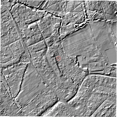 Shaded relief map of the ground around SO403LU, computed from Environment Agency LiDAR. The ground here sits at about 7 m above sea level and falls 6 m across the surrounding 800 m. Surface water reaching this point runs off ground lying to the north-north-east, 3.5 m higher.