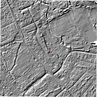 Shaded relief map of the ground around SO403NE, computed from Environment Agency LiDAR. The ground here sits at about 7 m above sea level and falls 6 m across the surrounding 800 m. Surface water reaching this point runs off ground lying to the west-south-west, 1.2 m higher.