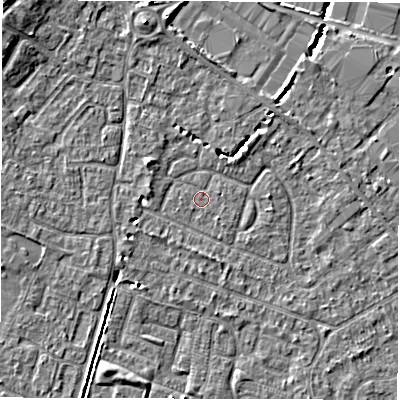 Shaded relief map of the ground around SO403NR, computed from Environment Agency LiDAR. The ground here sits at about 9 m above sea level and falls 8 m across the surrounding 800 m. Surface water reaching this point runs off ground lying to the north-north-east, 1.1 m higher.