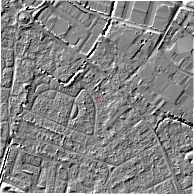 Shaded relief map of the ground around SO403NT, computed from Environment Agency LiDAR. The ground here sits at about 9 m above sea level and falls 6 m across the surrounding 800 m. Surface water reaching this point runs off ground lying to the north-north-east, 1.2 m higher.