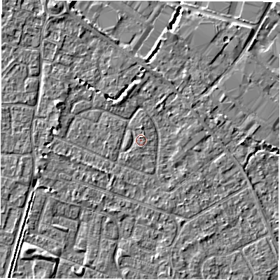 Shaded relief map of the ground around SO403NU, computed from Environment Agency LiDAR. The ground here sits at about 9 m above sea level and falls 6 m across the surrounding 800 m. Surface water reaching this point runs off ground lying to the north, 1.2 m higher.
