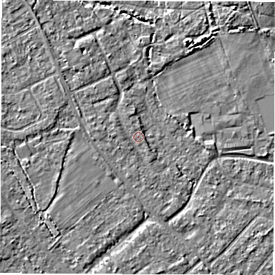 Shaded relief map of the ground around SO403PB, computed from Environment Agency LiDAR. The ground here sits at about 8 m above sea level and falls 4 m across the surrounding 800 m. Surface water reaching this point runs off ground lying to the west-north-west, 0.9 m higher.