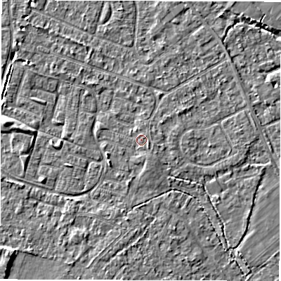 Shaded relief map of the ground around SO403PL, computed from Environment Agency LiDAR. The ground here sits at about 9 m above sea level and falls 5 m across the surrounding 800 m. Surface water reaching this point runs off ground lying to the south-west, 3.4 m higher.