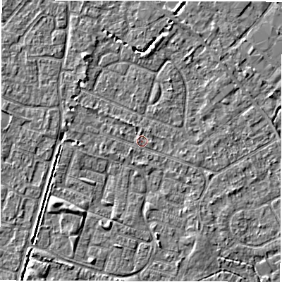 Shaded relief map of the ground around SO403PP, computed from Environment Agency LiDAR. The ground here sits at about 9 m above sea level and falls 4 m across the surrounding 800 m. Surface water reaching this point runs off ground lying to the north-west, 1.0 m higher.