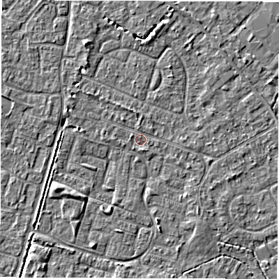 Shaded relief map of the ground around SO403PQ, computed from Environment Agency LiDAR. The ground here sits at about 9 m above sea level and falls 4 m across the surrounding 800 m. Surface water reaching this point runs off ground lying to the north-north-west, 1.0 m higher.