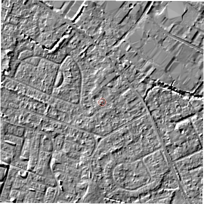 Shaded relief map of the ground around SO403PR, computed from Environment Agency LiDAR. The ground here sits at about 9 m above sea level and falls 4 m across the surrounding 800 m. Surface water reaching this point runs off ground lying to the south-west, 0.6 m higher.