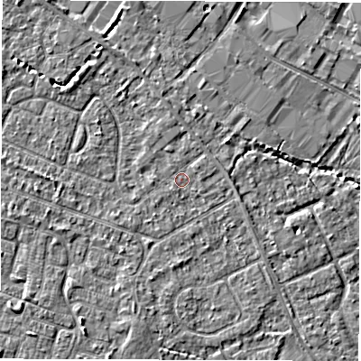 Shaded relief map of the ground around SO403PS, computed from Environment Agency LiDAR. The ground here sits at about 9 m above sea level and falls 4 m across the surrounding 800 m. Surface water reaching this point runs off ground lying to the north, 1.0 m higher.