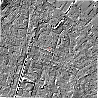 Shaded relief map of the ground around SO403PT, computed from Environment Agency LiDAR. The ground here sits at about 9 m above sea level and falls 5 m across the surrounding 800 m. Surface water reaching this point runs off ground lying to the north-west, 2.8 m higher.