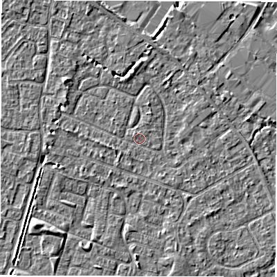 Shaded relief map of the ground around SO403PU, computed from Environment Agency LiDAR. The ground here sits at about 9 m above sea level and falls 4 m across the surrounding 800 m. Surface water reaching this point runs off ground lying to the north-west, 3.7 m higher.