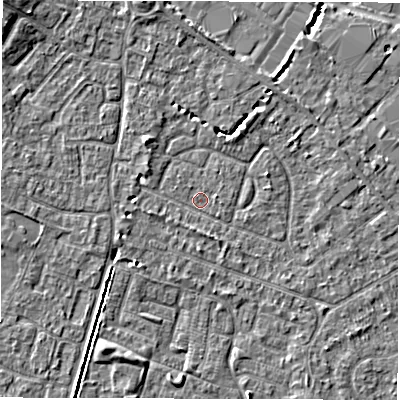 Shaded relief map of the ground around SO403PW, computed from Environment Agency LiDAR. The ground here sits at about 9 m above sea level and falls 6 m across the surrounding 800 m. Surface water reaching this point runs off ground lying to the north-west, 2.8 m higher.