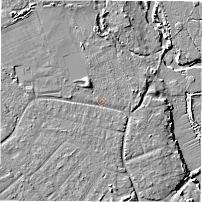 Shaded relief map of the ground around SO403QS, computed from Environment Agency LiDAR. The ground here sits at about 7 m above sea level and falls 11 m across the surrounding 800 m. Surface water reaching this point runs off ground lying to the north-west, 4.3 m higher.
