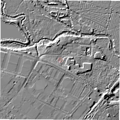 Shaded relief map of the ground around SO403QU, computed from Environment Agency LiDAR. The ground here sits at about 6 m above sea level and falls 9 m across the surrounding 800 m. Surface water reaching this point runs off ground lying to the west-south-west, 3.5 m higher.
