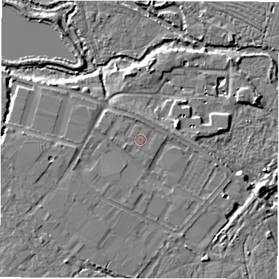 Shaded relief map of the ground around SO403WX, computed from Environment Agency LiDAR. The ground here sits at about 8 m above sea level and falls 9 m across the surrounding 800 m. Surface water reaching this point runs off ground lying to the north-north-west, 1.0 m higher.