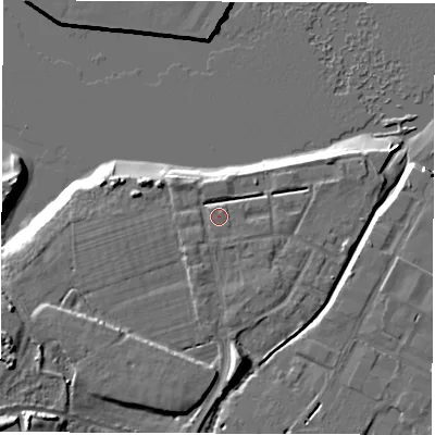 Shaded relief map of the ground around SO404AA, computed from Environment Agency LiDAR. The ground here sits at about 3 m above sea level and falls 15 m across the surrounding 800 m. Surface water reaching this point runs off ground lying to the south-south-east, 2.0 m higher.